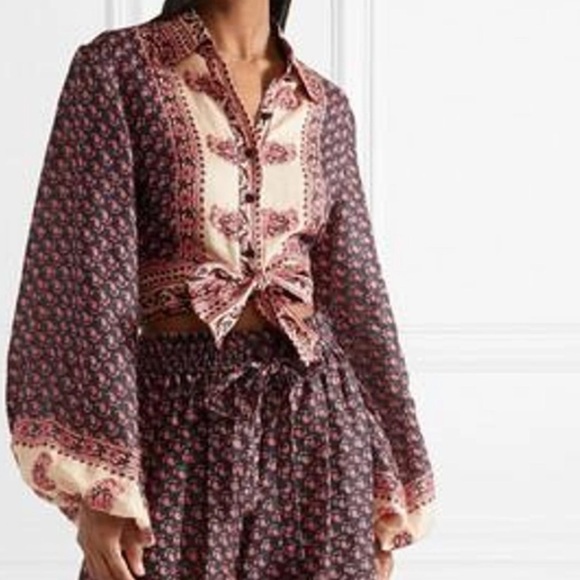 Zimmermann Tops - Zimmermann Jaya Tie-Front Printed Linen Top Burgundy Womens Size 6